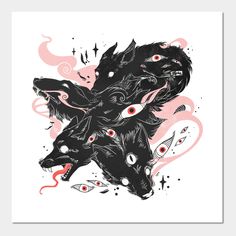 two black cats with red eyes and pink background