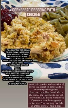 the recipe for cornbread dressing with chicken on a plate