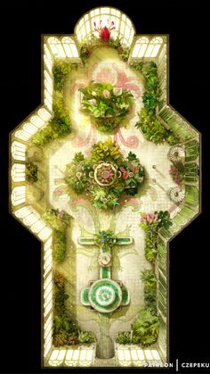 an aerial view of a garden with flowers and plants in the center, from above