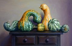 a painting of gourds and squash on a dresser