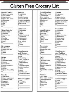 the gluten free grocery list is shown in black and white with red trimmings