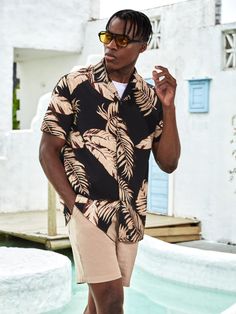 Apricot Boho Collar Short Sleeve Tropical Embellished Non-Stretch Summer Men Clothing Looking to dominate your market? Discover the power of niche marketing and take your business to new heights! Mens Beach Outfits, Tropical Print Shirt, Mens Summer Outfits, Mens Casual Outfits Summer, Outfits Hombre, Drawstring Waist Shorts