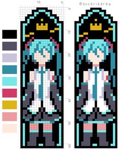 cross stitch pattern for an anime character with blue hair and wearing a tiara, standing in front of a mirror