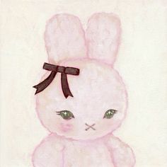 a painting of a pink bunny with a black bow on its head and green eyes