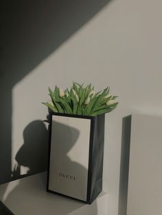 a black bag with flowers in it sitting on top of a shelf next to a white wall