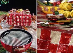 there are many different foods on the table and one is grilling them with tongs