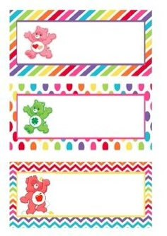 three colorful labels with teddy bears on them and hearts in the middle one is blank