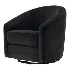 a black swivel chair sitting in front of a white background