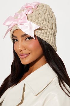 Available In Nude/combo And Pink/combo. Beanie Cable Knit Detail Lace Up Detail Poly Blend Fabrication Imported | My Cutie Bow Beanie Hat in Nude by Fashion Nova Hats For Fall, Fall Time, Beanie Hat, Beanie Hats, Cable Knit, Fashion Nova, Cable, Lace Up, Knitting