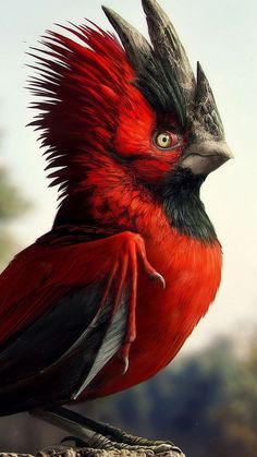 a red and black bird sitting on top of a wooden post