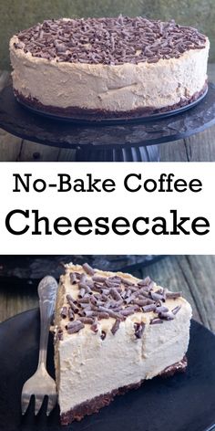 no - bake coffee cheesecake on a black plate with a fork next to it