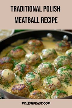 a pan filled with meatballs covered in gravy and garnished with dill