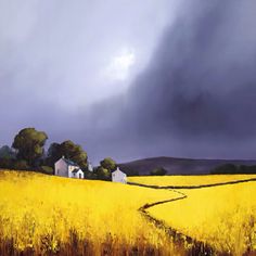 an oil painting of a yellow field with houses in the distance and storm clouds overhead