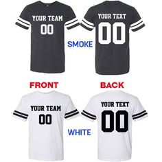 FRONT and BACK CUSTOMIZED FOOTBALL TEE SHIRT - FAN JERSEY Please Let Us Know Your Front and Back Custom Clearly When you place your order, Leave a CUSTOMER NOTE about customization. Exp: Front Text: TEAM A Front Number: 25 Back Text: JOHN Back Number: 25 Front number size: 5 inches high Back Number size :8 inches high Text size max 13 inches long PLEASE SEE THE PRODUCT PICTURES BEFORE ORDER Our Navy Color is VINTAGE NAVY (Greyish Navy) If you have any other customization idea, please share with Black Varsity T-shirt For Game Day, College Team Spirit Baseball Jersey With Letter Print, Sporty White T-shirt With Baseball Collar, Black T-shirt With Football Season Text Print, White Collegiate T-shirt With Baseball Collar, Varsity Crew Neck Baseball Jersey For Team Events, Black T-shirt With Text Print For Football Season, Black Varsity T-shirt With Text Print, Collegiate Baseball Jersey With Team Name And Crew Neck