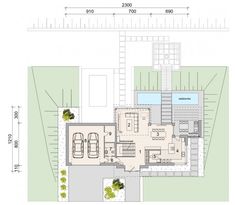 the floor plan for a house with two car garages and an attached swimming pool