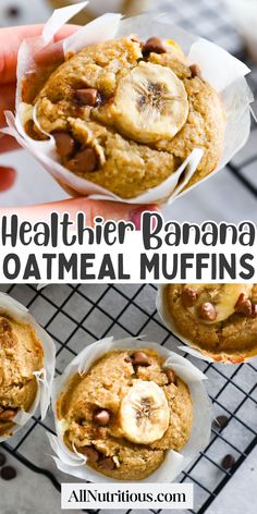 healthy banana oatmeal muffins with chocolate chips and bananas in the middle