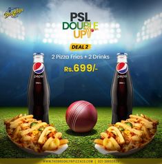 two pizza fries and 2 drinks are in front of a cricket ball on the field