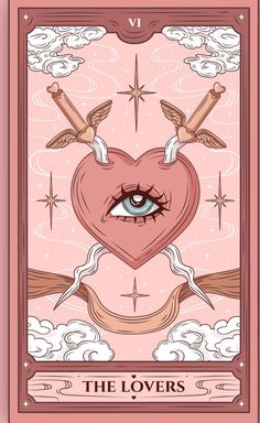 the lovers tarot card with an eye and two birds on it, surrounded by clouds