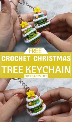 crochet christmas tree keychain is shown in three different photos with text overlay that reads, free crochet christmas tree keychain