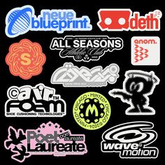 various stickers are shown on a black background