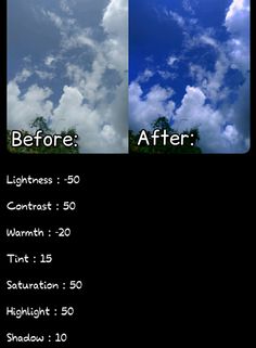 the before and after photoshopped image of clouds in the sky with text below