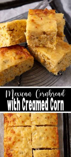 Collage of Mexican cornbread slices at top and bottom. Cornbread With Creamed Corn, Creamed Corn Cornbread, Jiffy Cornbread Recipes, Cornbread Recipes, Jiffy Cornbread, Sweet Cornbread, Biscuit Bread, Side Dish Recipes Easy, Creamed Corn