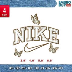 the nike logo with butterflies on it is in front of a white background and blue jeans