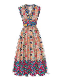 a women's dress with colorful flowers on the front and back, in multicolors