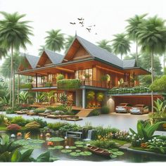 an artist's rendering of a tropical house surrounded by water lillies and palm trees