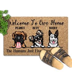 welcome to our home door mat with two dogs and their owner's slippers