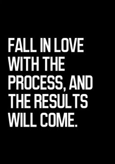 the words fall in love with the process, and the results will come on a black background