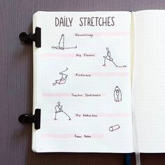 an open notebook with daily stretches drawn on it