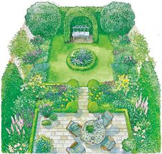 a drawing of a garden with steps leading up to a bench and flowers in the center