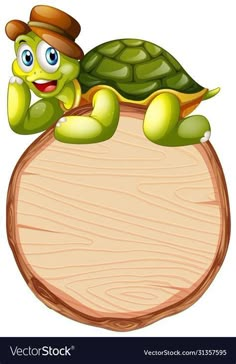 a turtle sitting on top of a wooden signboard with an empty board behind it