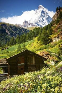 an old cabin in the mountains with a snow - capped mountain behind it