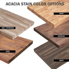 three different types of wooden table tops with names on each side and the words acacia stain options above them