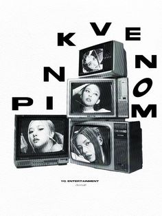 four televisions with the words k - nen pim on them in black and white