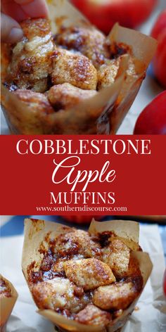 cobblestone apple muffins with apples in the background and text overlay that reads cobblestone apple muffins