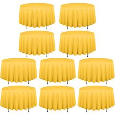 eight yellow round tablecloths with black pins on each side and four rows of them