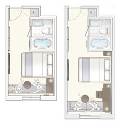 the floor plan for a small apartment with two beds and a bathroom in one room