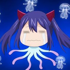 an anime character with purple hair and blue eyes is surrounded by jellyfish in the water