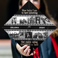 a woman holding up a graduation cap that has pictures on it and the words how lucky i am to have something