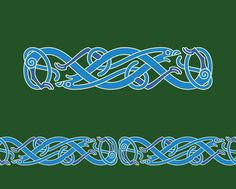 two blue celtic designs on green background