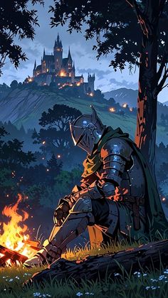 a knight sitting in front of a fire with a castle in the background