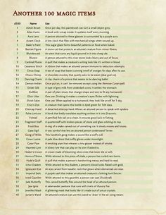 an old paper with the words another 100 magic items written in red and green on it