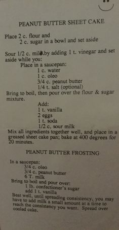 the recipe for peanut butter sheet cake is shown in black and white letters on a piece of paper