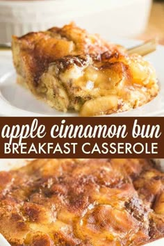 this is an image of apple cinnamon bun breakfast casserole with text overlay