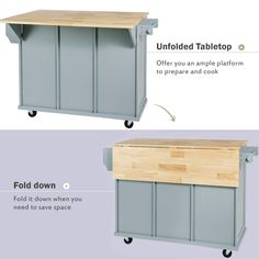 two different types of storage cabinets with wood top and bottom section on each side, including the