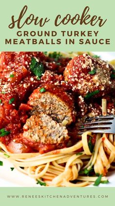 Slow cooker ground turkey meatballs in sauce over pasta ready to eat Turkey Meatballs In Sauce, Turkey Meatball Sauce, Meatballs In Sauce, Slow Cooker Turkey Meatballs, Classic Meatballs, Ground Turkey Meatballs, Magical Slow Cooker, The Magical Slow Cooker, Zucchini Ribbons