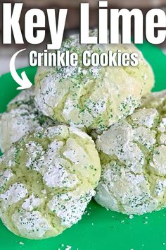 several cookies are piled on top of each other with the words key lime crinkle cookies above them